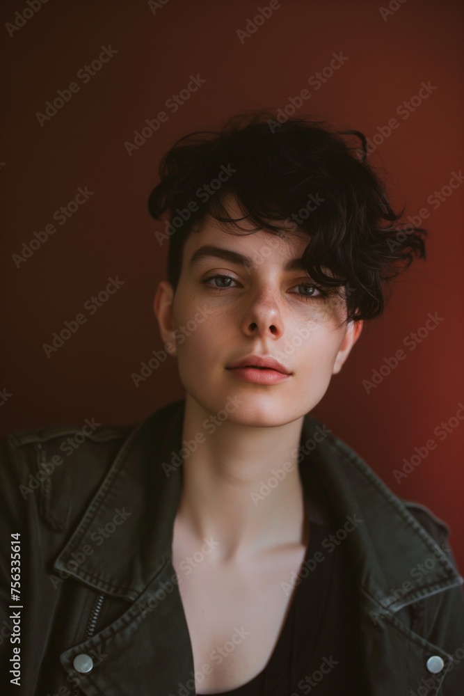 A portrait of a person with short wavy hair and a dark jacket, set against a maroon background A portrait of a person with short wavy hair and a dark jacket, set against a maroon background