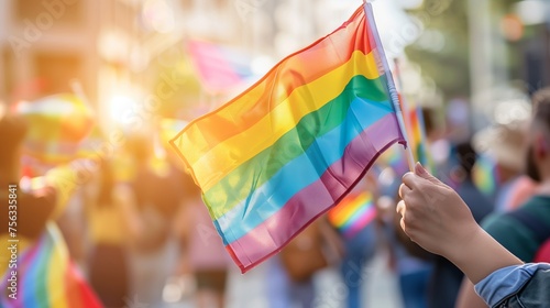 Rainbow flag, a symbol for the LGBT community, waving in the wind in city background