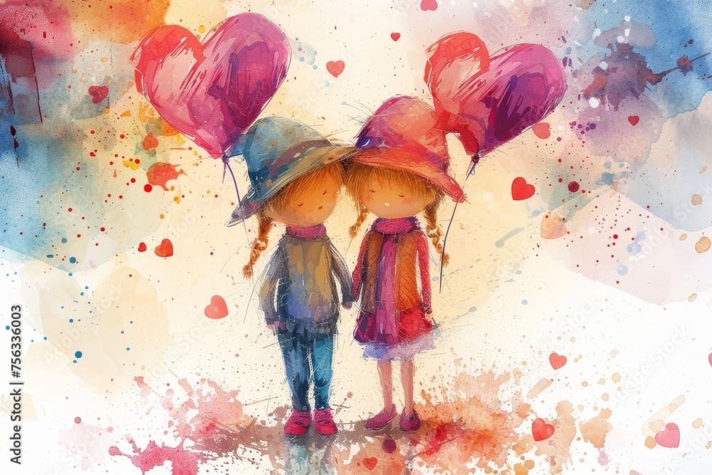 A couple in love with balloons in the form of hearts on a white background. Illustration