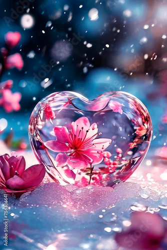 Crystal transparent heart that glows in the glittering snow in winter sunny day.