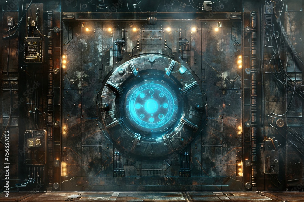 A futuristic, high-tech door with a blue glowing center, reminiscent of the monthly event 'Full Moon'. Generative AI A futuristic, high-tech door with a blue glowing center, reminiscent of the monthly event 'Full Moon'. Generative AI