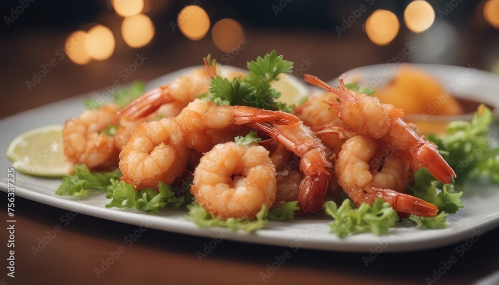 Deep fried shrimp with some garnish on top Deep fried shrimp with some garnish on top