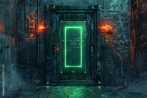 Neon Doorway to the Future A Glowing Green Doorway in a Futuristic Setting Generative AI