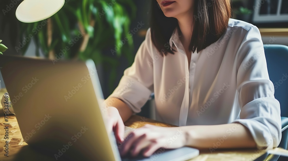 Woman Engaged in Online Training on Laptop. Generative AI. Woman Engaged in Online Training on Laptop. Generative AI.