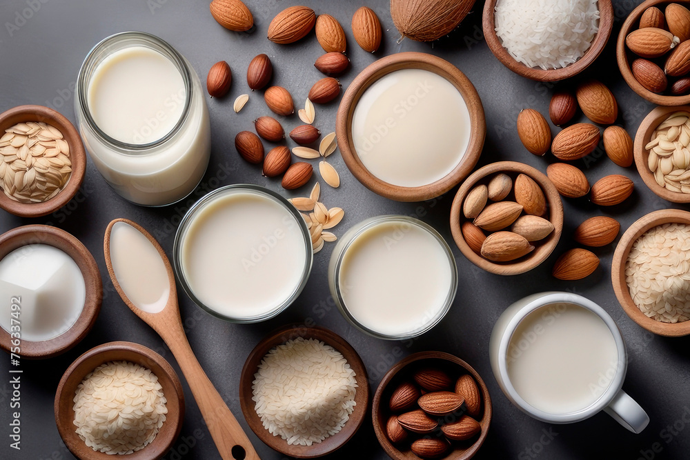 Organic vegan non dairy milk made from nuts oatmeal rice and soy placed on a grey stone background. Organic vegan non dairy milk made from nuts oatmeal rice and soy placed on a grey stone background.