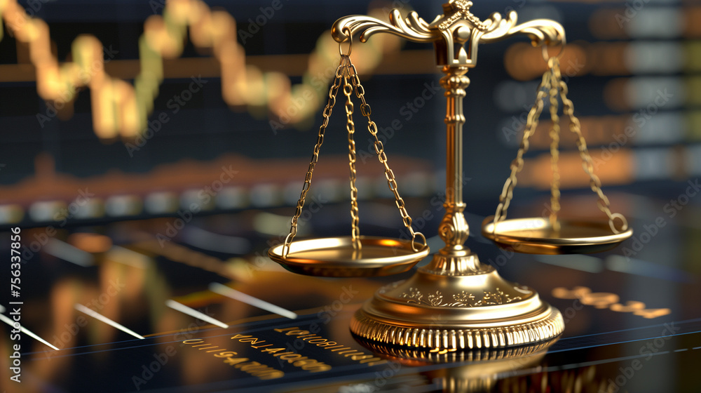 Golden scales of justice on a blurred background with financial graphs, symbolizing legal aspects of finance - obrazy, fototapety, plakaty 