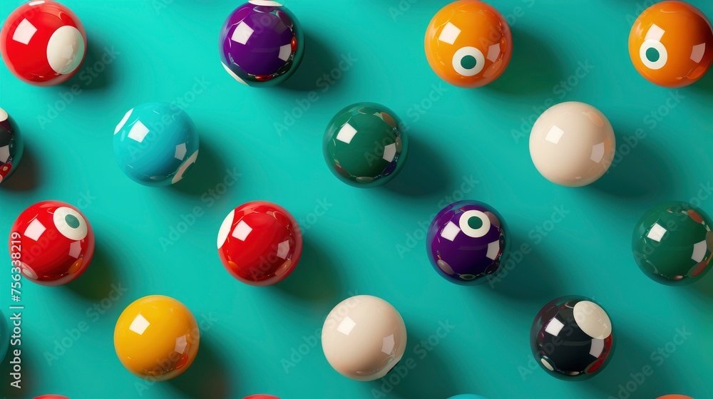 Realistic billiard balls apart from each other photo pattern, flat color background, isometric, view from top, bird eye view, professional studio shoot Realistic billiard balls apart from each other photo pattern, flat color background, isometric, view from top, bird eye view, professional studio shoot