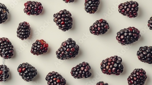 Realistic blackberries apart from each other photo pattern, flat color background, isometric, view from top, bird eye view, professional studio shoot