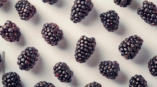 Realistic blackberries apart from each other photo pattern, flat color background, isometric, view from top, bird eye view, professional studio shoot