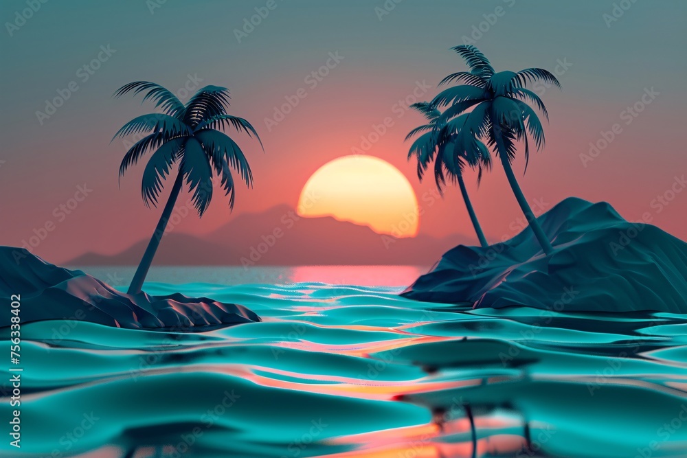 a sunset over a body of water with palm trees