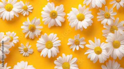 Realistic camomile flowers apart from each other photo pattern, flat color background, isometric, view from top, bird eye view, professional studio shoot