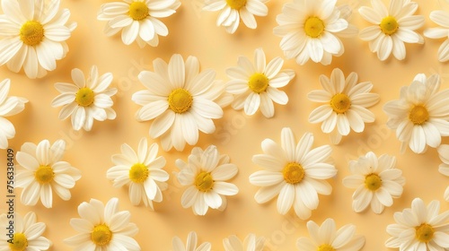 Realistic camomile flowers apart from each other photo pattern, flat color background, isometric, view from top, bird eye view, professional studio shoot