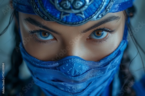 Kitana, Fighting girl in blue uniform and protective armor, assassin in the style mortal kombat