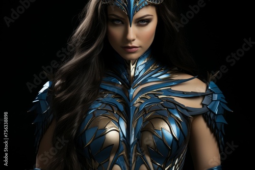Kitana, Fighting girl in blue uniform and protective armor, assassin in the style mortal kombat photo