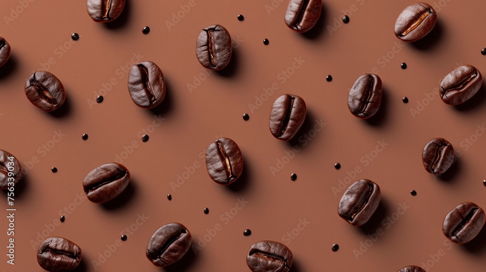 Realistic coffee beans apart from each other photo pattern, flat color background, isometric, view from top, bird eye view, professional studio shoot Realistic coffee beans apart from each other photo pattern, flat color background, isometric, view from top, bird eye view, professional studio shoot