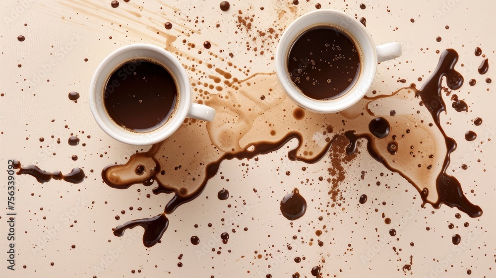 Obraz premium Realistic coffee stains apart from each other photo pattern, flat color background, isometric, view from top, bird eye view, professional studio shoot