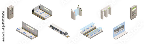 Isometric Metro Station with Payment Terminal and Train Vector Set