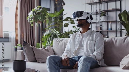 VR Experience Man in White Shirt Enjoys a Virtual Reality Adventure Generative AI