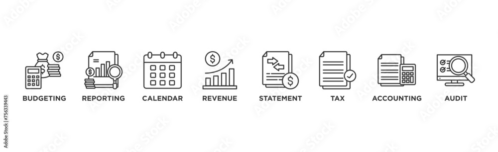 Fiscal year banner web icon vector illustration concept with icon of budgeting, reporting, calendar, revenue, statement, tax, accounting, audit Fiscal year banner web icon vector illustration concept with icon of budgeting, reporting, calendar, revenue, statement, tax, accounting, audit