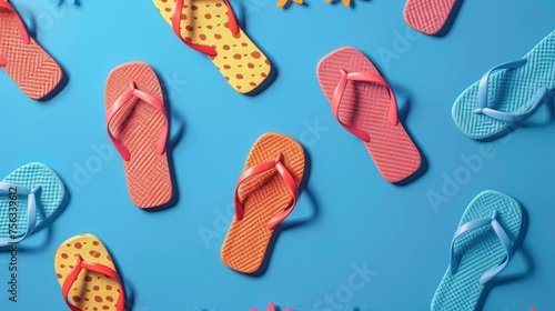 Realistic flip flops apart from each other photo pattern, flat color background, isometric, view from top, bird eye view, professional studio shoot