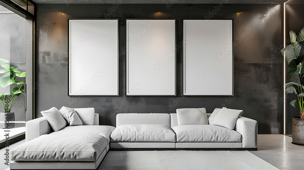 Multi mockup poster frames on a sleek mirrored wall, next to a contemporary sectional