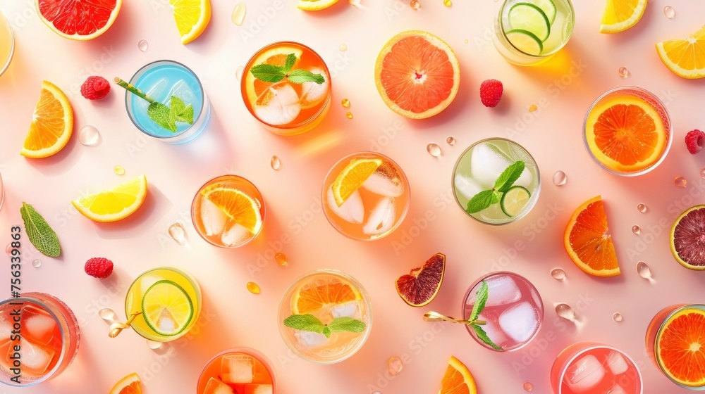 Realistic fresh summer cocktails apart from each other photo pattern, flat color background, isometric, view from top, bird eye view, professional studio shoot Realistic fresh summer cocktails apart from each other photo pattern, flat color background, isometric, view from top, bird eye view, professional studio shoot