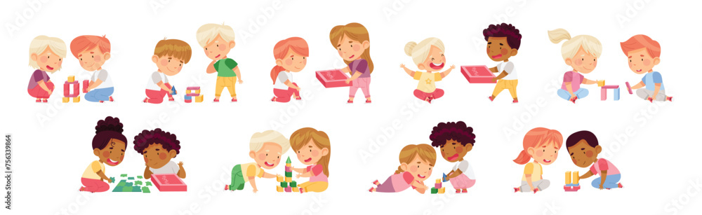 Little Boy and Girl Playing with Construction and Jigsaw Puzzle Toy Vector Set Little Boy and Girl Playing with Construction and Jigsaw Puzzle Toy Vector Set