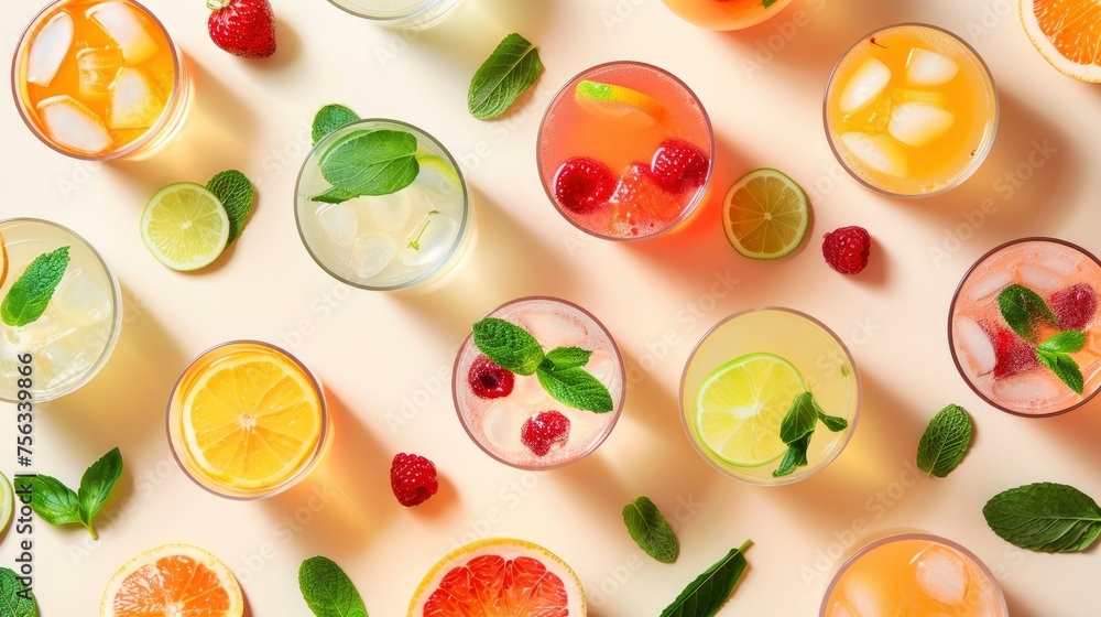 Realistic fresh summer cocktails apart from each other photo pattern, flat color background, isometric, view from top, bird eye view, professional studio shoot Realistic fresh summer cocktails apart from each other photo pattern, flat color background, isometric, view from top, bird eye view, professional studio shoot