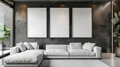 Multi mockup poster frames on a sleek mirrored wall, next to a contemporary sectional