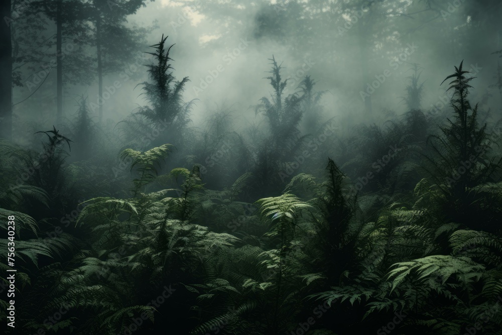Enchanting Smoke magic forest. Fantasy outdoor scary. Generate Ai - obrazy, fototapety, plakaty 