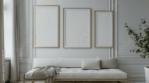 Multi mockup poster frames on hanging fabric panel, near a chic daybed