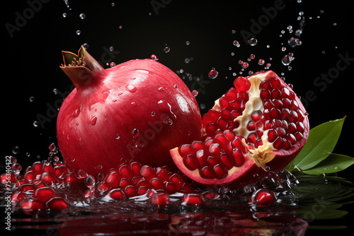 A ripe juicy pomegranate and seeds with water droplets on a black background creating a fresh and dynamic atmosphere