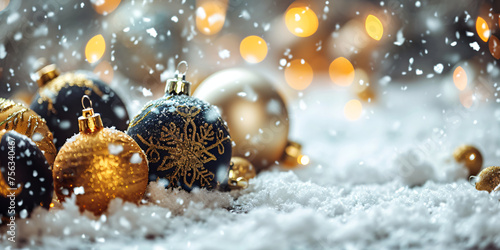 Schöner Weihnachten Hintergrund. Weihnachtsbaum mit goldenen und schwarzen Kugeln geschmückt 