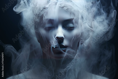 Ethereal Smoke human ghostly face. Fashion person in dark fog smoke. Generate Ai