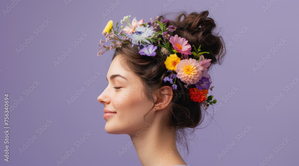 Side profile of a serene young woman with a delicate floral arrangement in her hair against a soft purple backdrop.