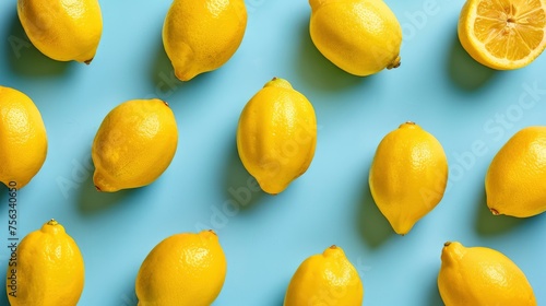 Realistic lemons apart from each other photo pattern, flat color background, isometric, view from top, bird eye view, professional studio shoot  photo