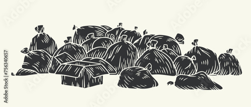Garbage pile of bags in monochrome sketch style isolated on white background. Collection design doodle elements. Vector illustration.