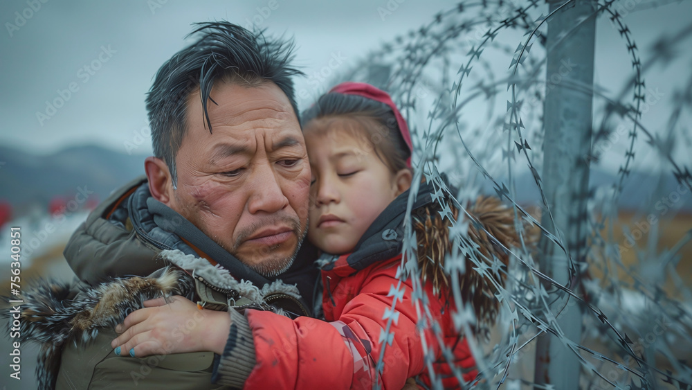 Love Across Borders: Asian Father Holding Child Amidst Illegal Immigration Barriers