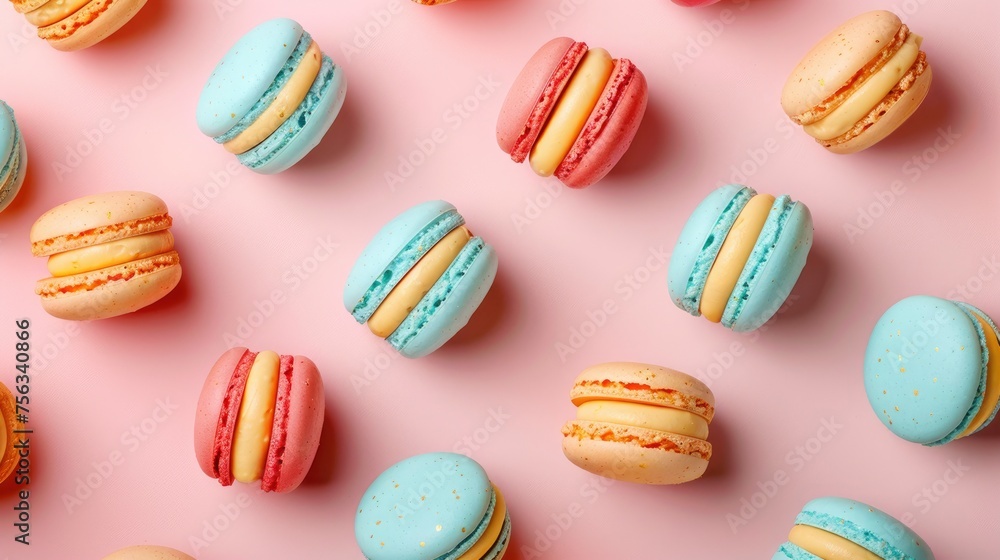 Realistic macaroons apart from each other photo pattern, flat color background, isometric, view from top, bird eye view, professional studio shoot Realistic macaroons apart from each other photo pattern, flat color background, isometric, view from top, bird eye view, professional studio shoot