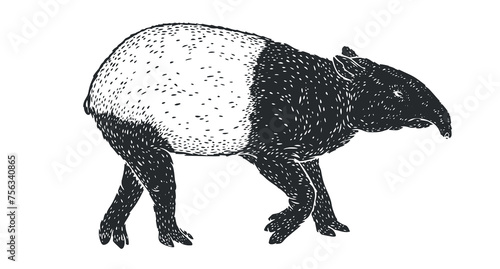 Hand drawn tapir in monochrome sketch style. Animal south america isolated on white background. Vector vintage illustration. © vvvisual