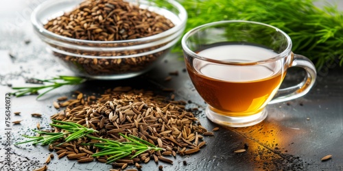 Dry Caraway seeds and tea in glass beverage
