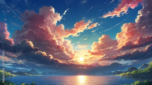 Anime fantasy wallpaper background, Dramatic sunset over mountain peaks paints the sky with fiery orange and red hues, casting long shadows across the landscape, generative ai © phurimart