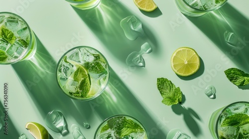 Realistic mojito cocktails apart from each other photo pattern, flat color background, isometric, view from top, bird eye view, professional studio shoot