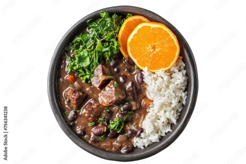 Brazilian feijoada, a hearty stew made with black beans, pork or beef, and served with rice, collard greens, and orange slices. Brazilian feijoada, a hearty stew made with black beans, pork or beef, and served with rice, collard greens, and orange slices.
