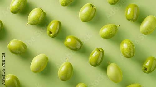 Realistic olives apart from each other photo pattern, flat color background, isometric, view from top, bird eye view, professional studio shoot