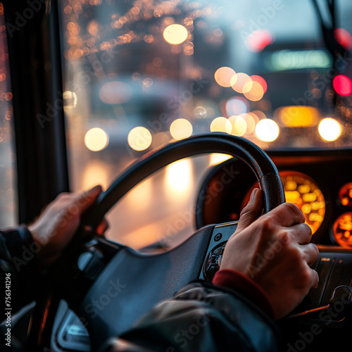 Close-up of a bus driver's hands gripping the steering wheel
