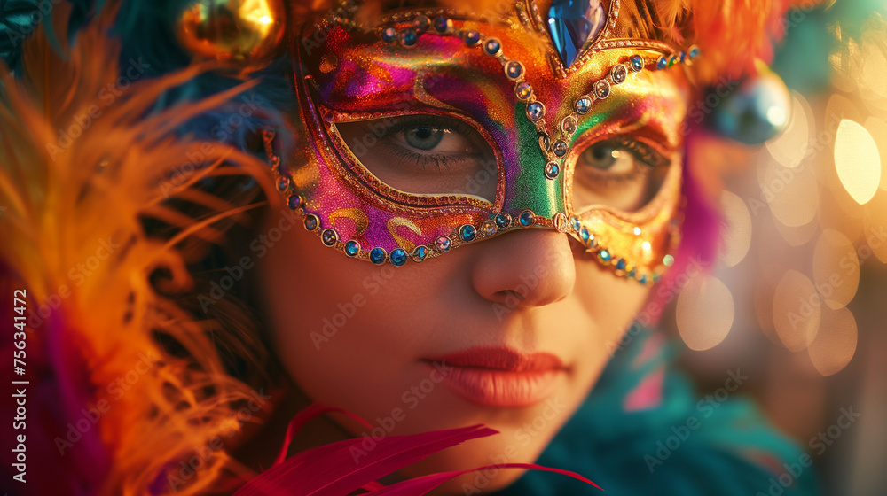 A woman in a multicolored carnival mask