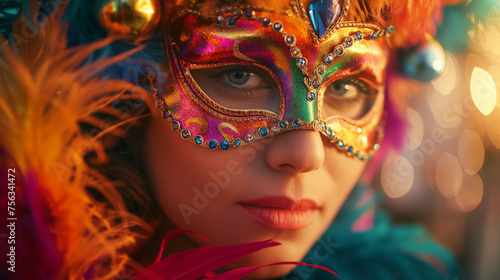 A woman in a multicolored carnival mask