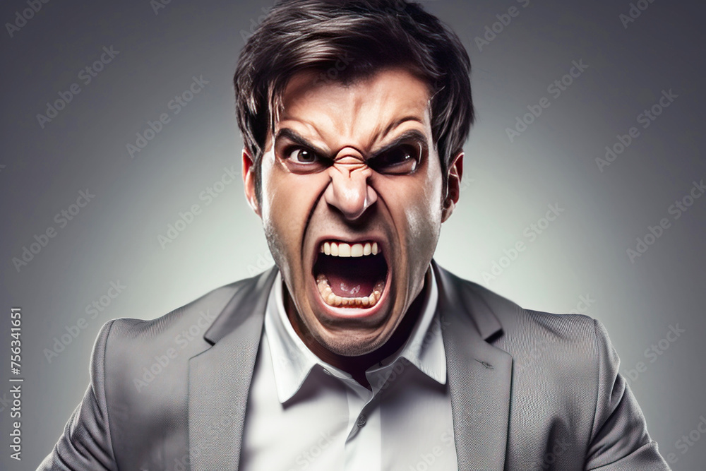 Close-up of a male politician in a suit, emotionally annoyed angry, gray background isolate. Close-up of a male politician in a suit, emotionally annoyed angry, gray background isolate.
