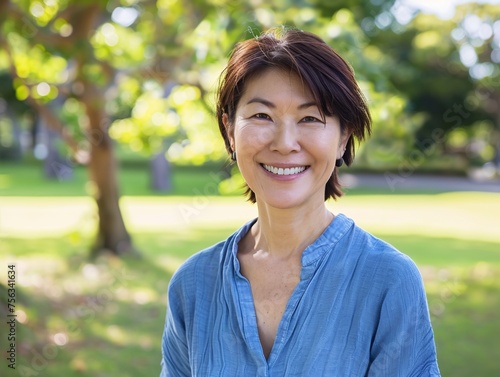 Smiling Asian Woman in a Blue Shirt, Posing for a Picture in a Park on a Sunny Day Generative AI